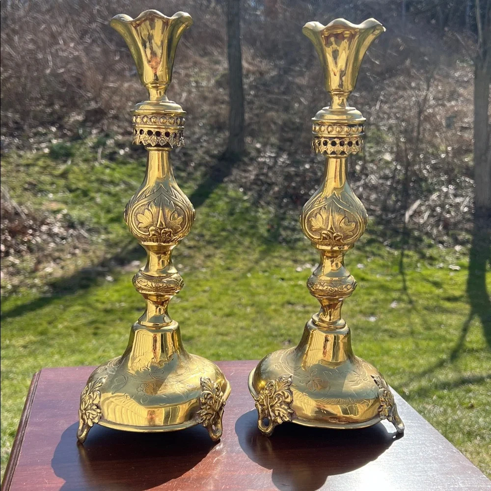 Antique Shabbat Sabbath Brass Candlesticks by Fraget Warszawa Poland Judaica